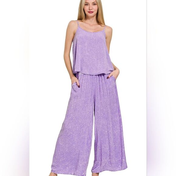 Zenana Womens Casual Woven Acid Crinkle Washed Cami & Pants 2 Piece Matching Set - Picture 1 of 3